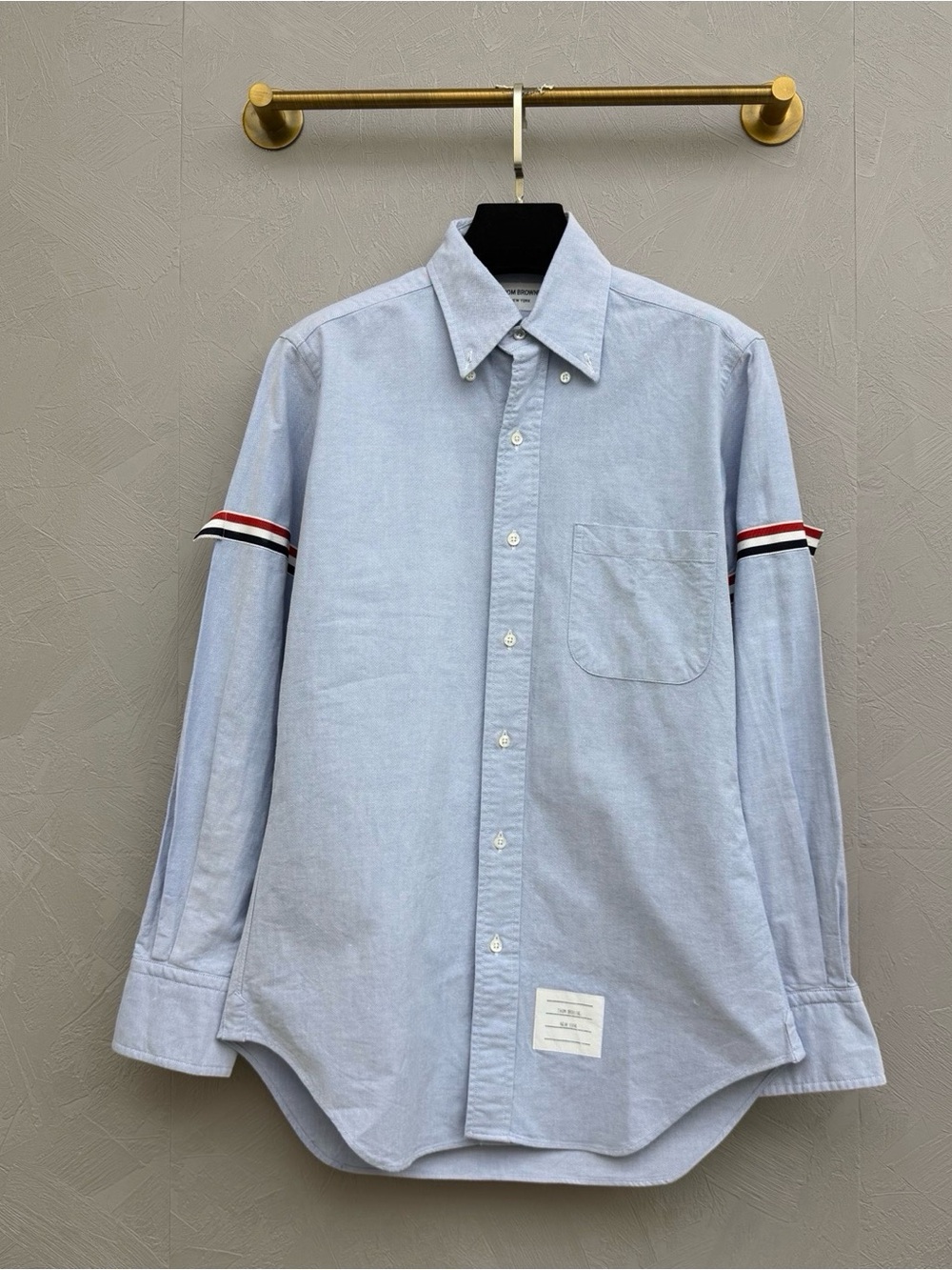 Thom Browne Light Blue Oxford Shirt with Red-White-Black Sleeve Stripes